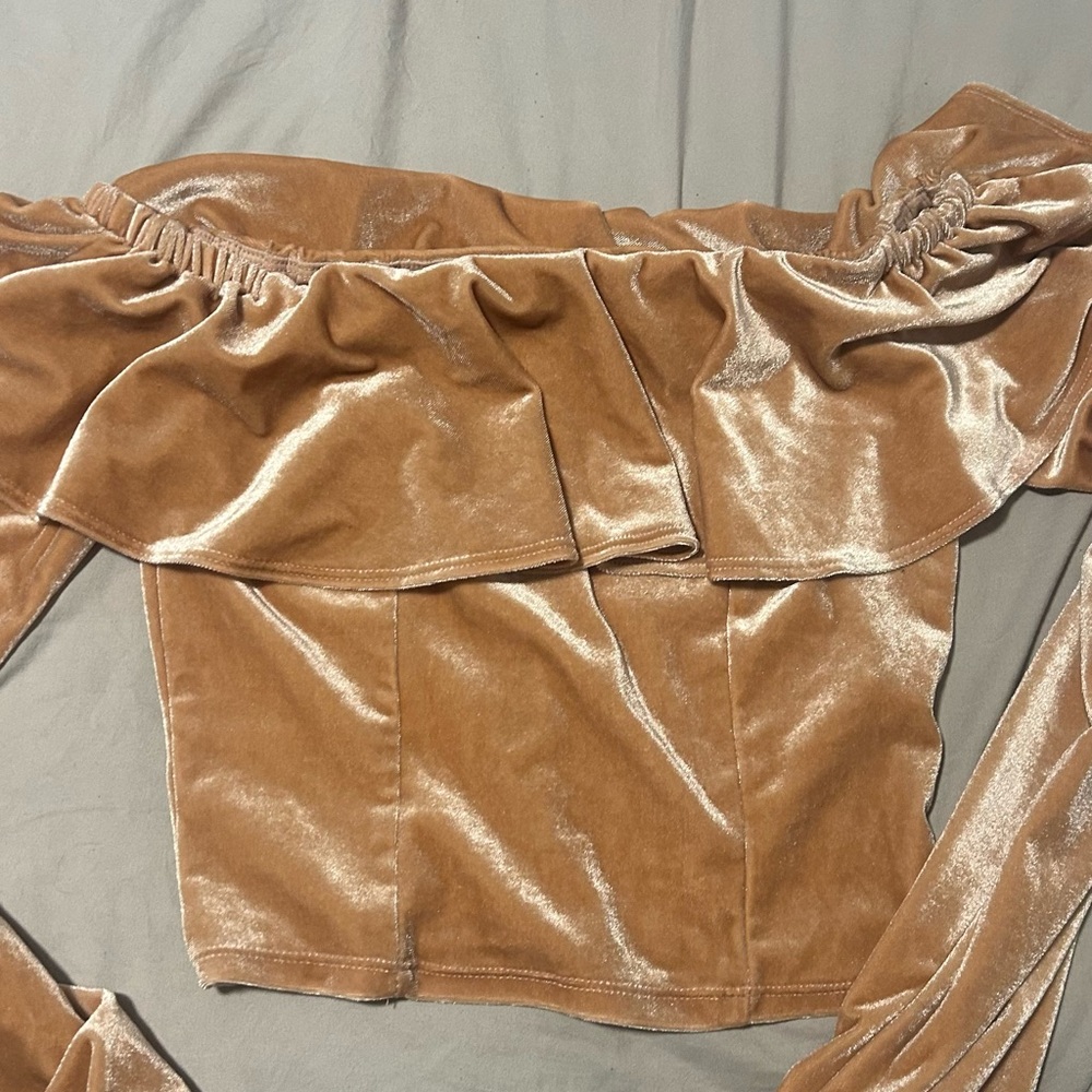 Velvet Off-Shoulder Top in Tan